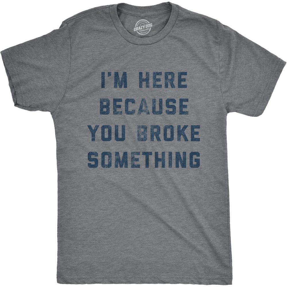 imageFunny Dad Shirts for Handyman Lawn and Garage Tees for Fathers Day Mechanic Shirts for DadsDark Heather Grey Broke Something