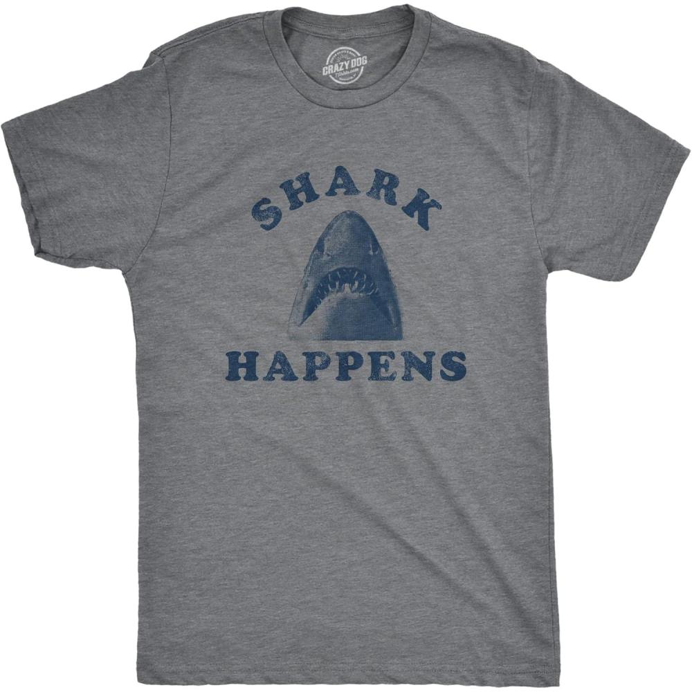 imageFunny Shark T Shirts for Men Jaws Shirts for Guys Funny Graphic Tees for Shark WeekDark Heather Grey Shark Happens
