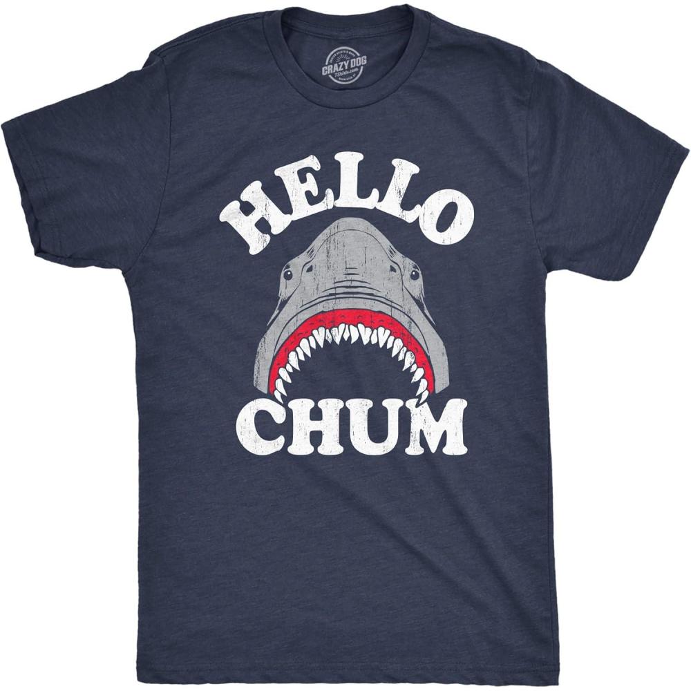 imageFunny Shark T Shirts for Men Jaws Shirts for Guys Funny Graphic Tees for Shark WeekHeather Navy Hello Chum