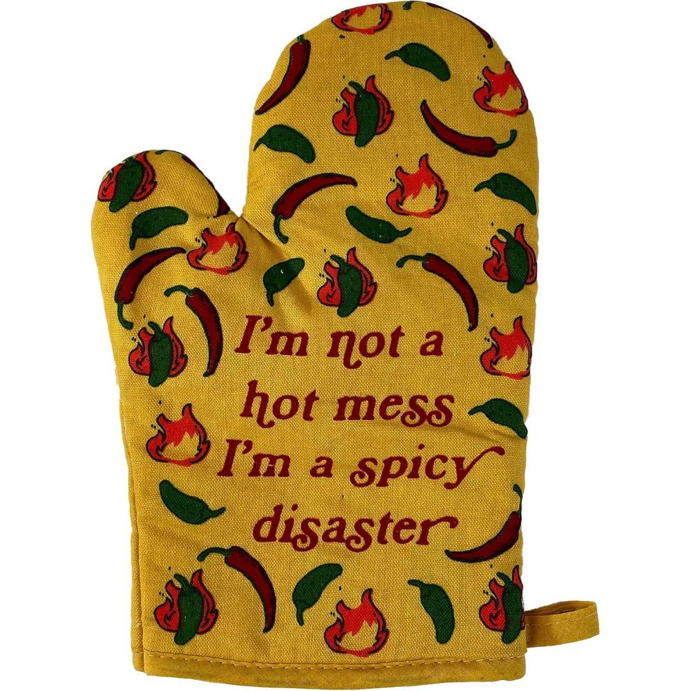imageIm Not A Hot Mess Im A Spicy Disaster Oven Mitt Funny Chili Peppers Heat Graphic Novelty Kitchen Glove Funny Graphic Kitchenwear Cool Sarcastic Novelty Yellow Oven MittOven Mitt