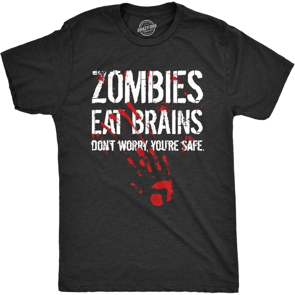 imageMens Zombies Eat Brains so Youre Safe Funny T Shirt Sarcastic Humor HalloweenHeather Black  2 Color Print