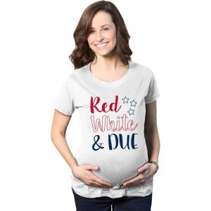 Crazy Dog T-Shirts Maternity Red White and Due Pregnancy T Shirt Cute Patriotic Baby Tee for Baby Bump(White)