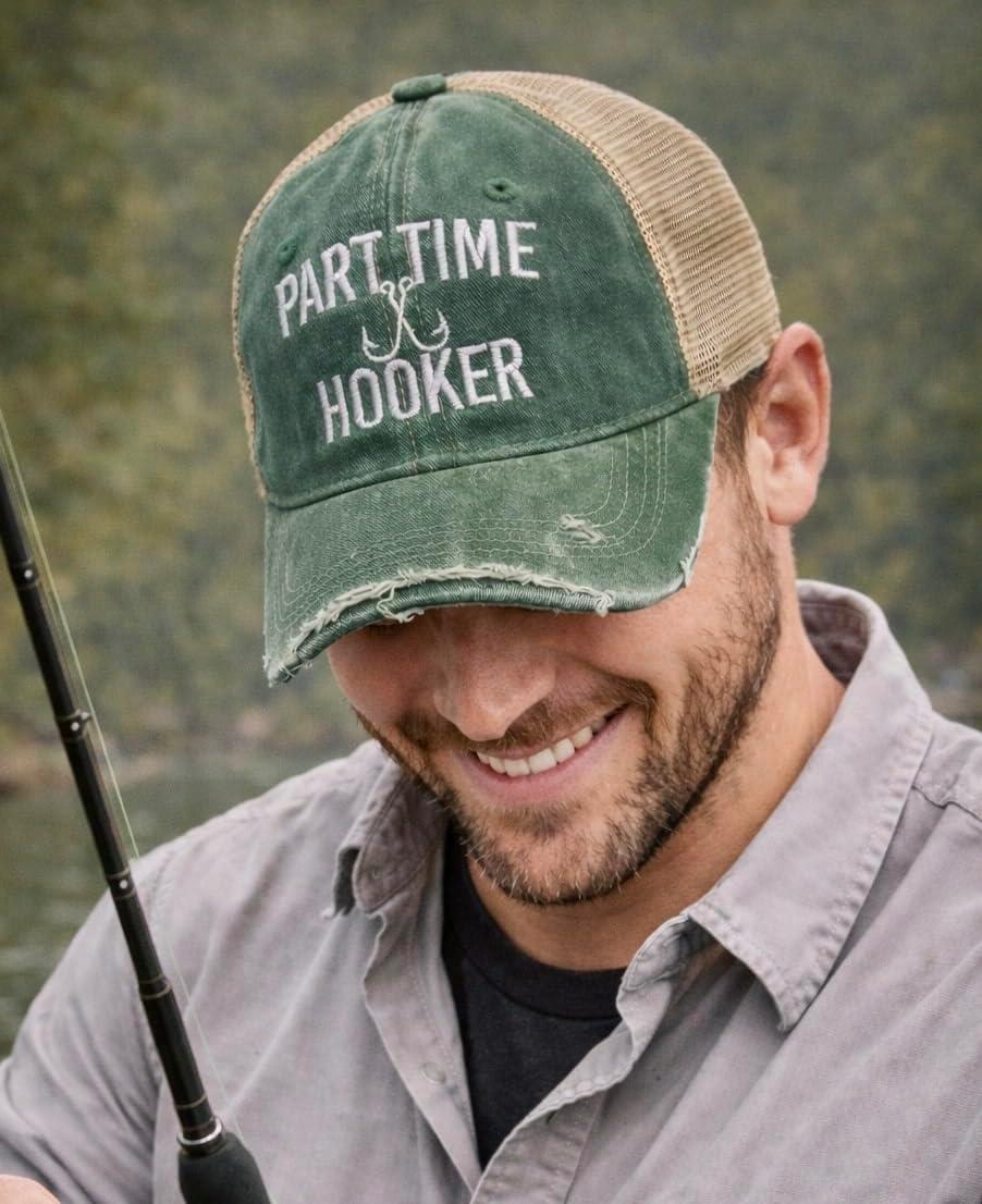 imageCrazy Dog TShirts Funny Fishing Hats Hilarious Fish Graphic CapsTrucker Green Part Time Hooker