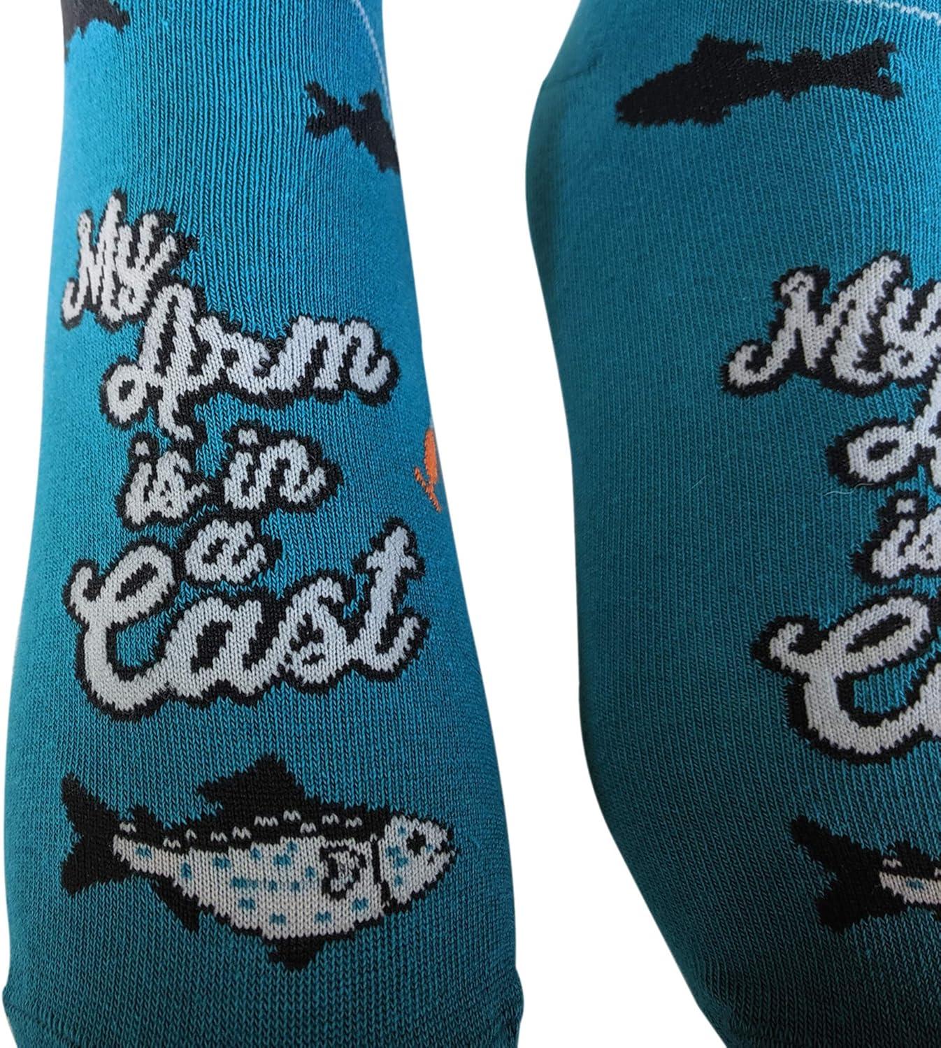 imageCrazy Dog TShirts Funny Mens Fishing Socks Cool Boat Crews for Anglers with RodsArm is in a Cast