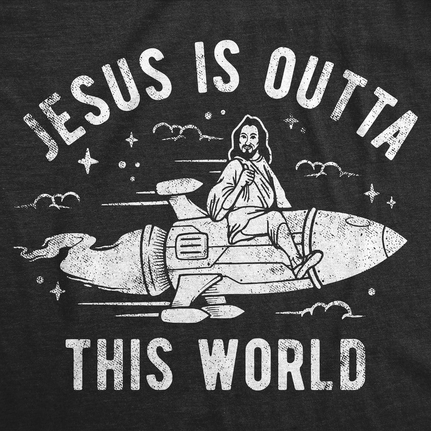 imageMens Funny Jesus T Shirts Religious Tees with Funny Sayings Easter Tees for GuysHeather Black Jesus is Outta This World
