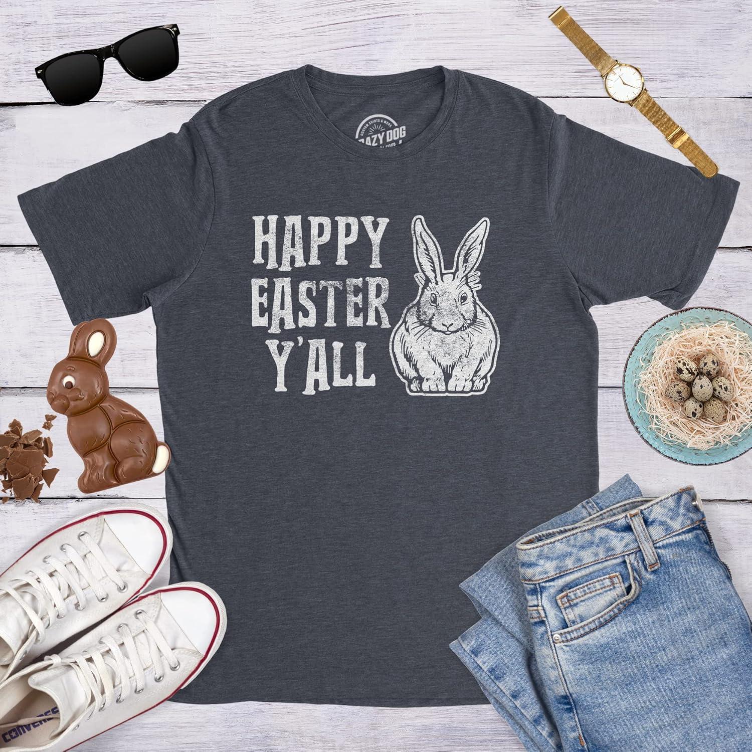 imageMens Happy Easter Yall T Shirt Funny Bunny Saying Egg Hunt Basket Gift for Him
