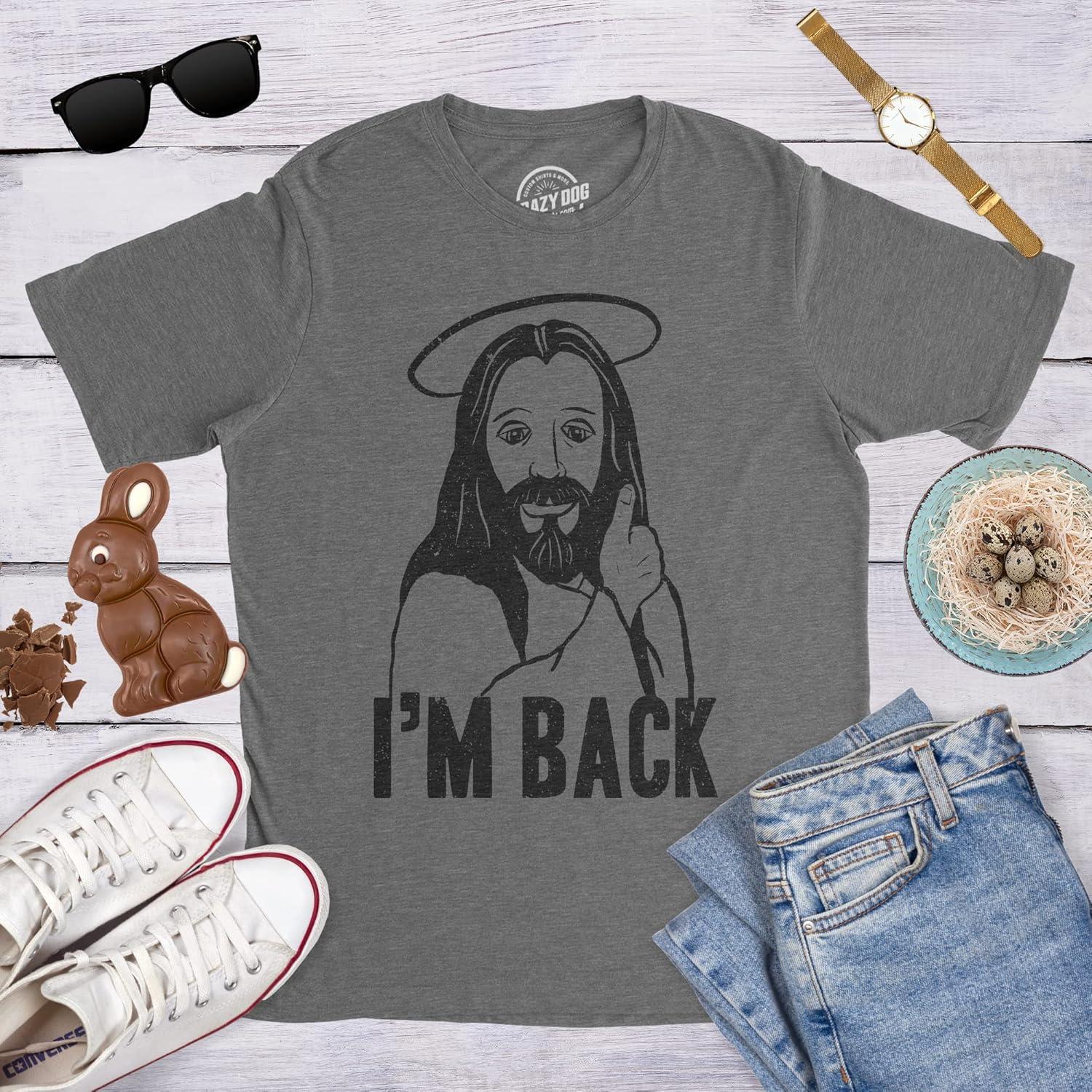 imageMens Im Back Funny Jesus Easter Christian Hilarious Reference for Adult T ShirtDark Heather Grey