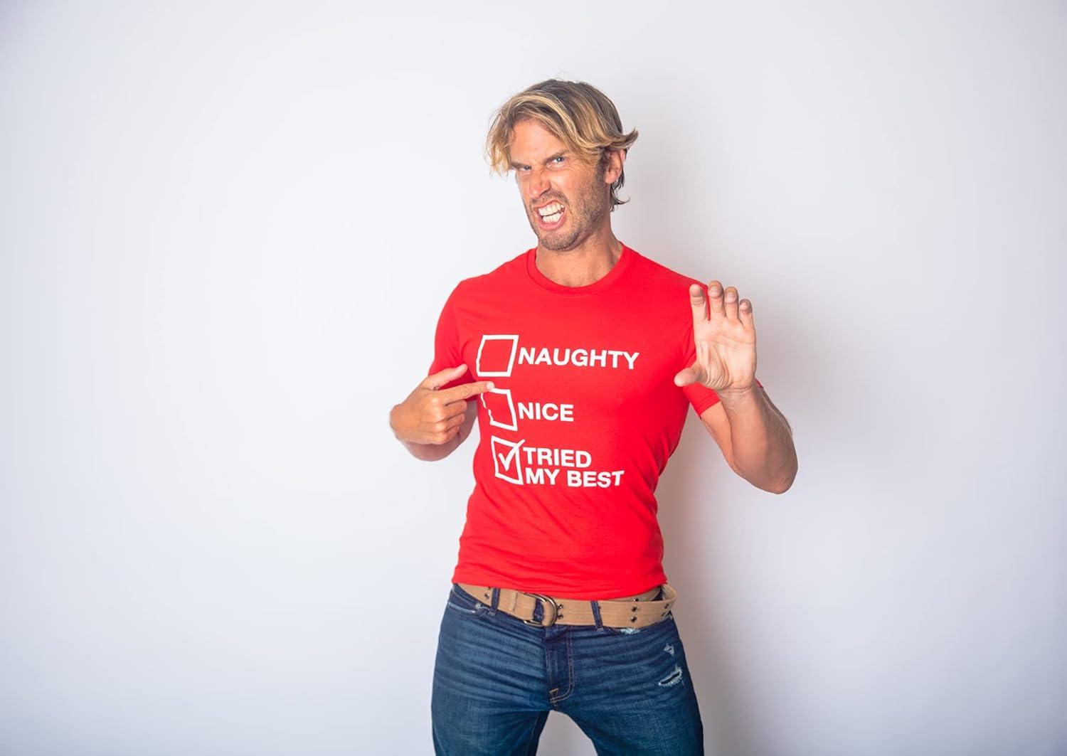 imageMens Naughty List Nice List Tried My Best Funny Graphic Santa Christmas T ShirtHeather Red Tried My Best