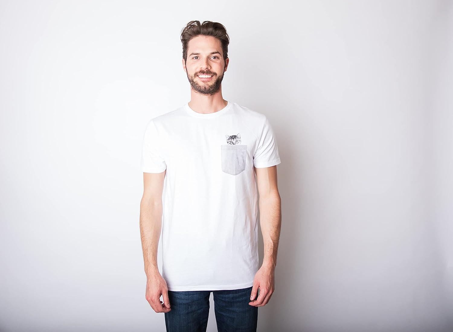 imageMens Pocket Cat T Shirt Funny Printed Peeking Pet Kitten Animal Tee for GuysWhite