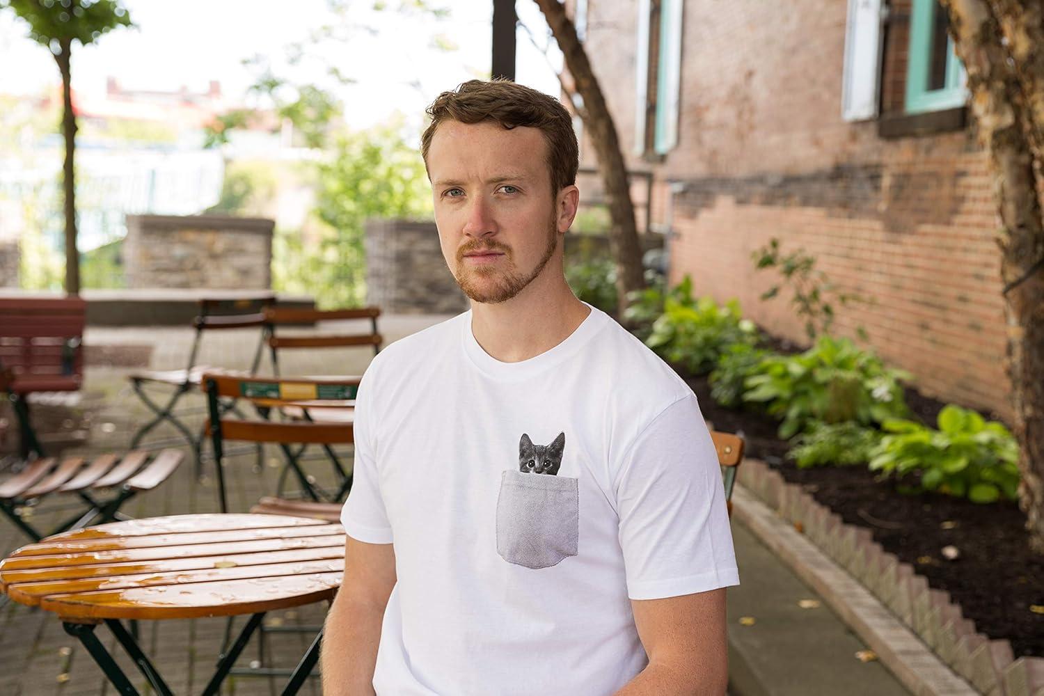 imageMens Pocket Cat T Shirt Funny Printed Peeking Pet Kitten Animal Tee for GuysWhite