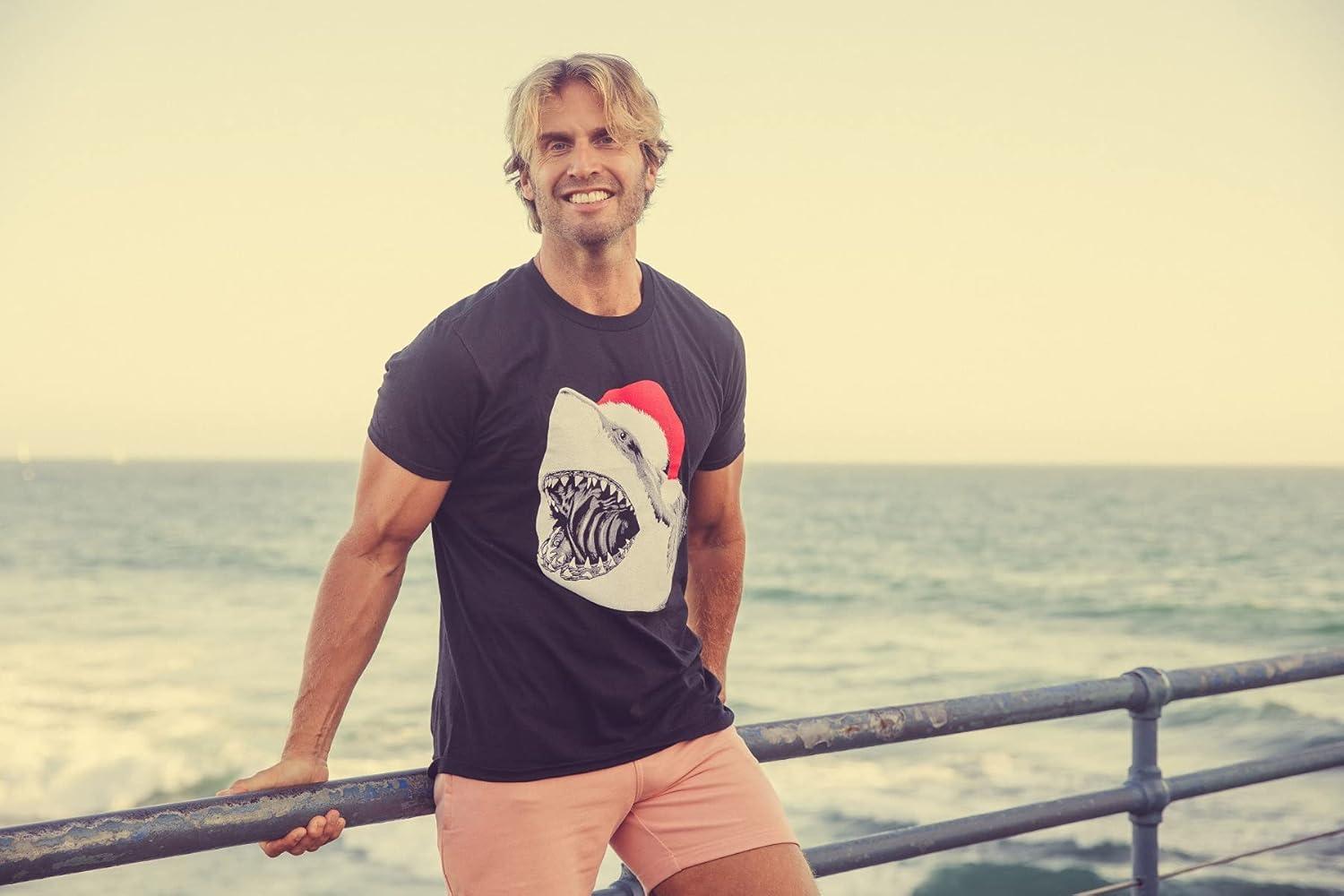 imageMens Santa Jaws T Shirt Cool Shark Funny Graphic Adult HumorHeather Black Santa Jaws