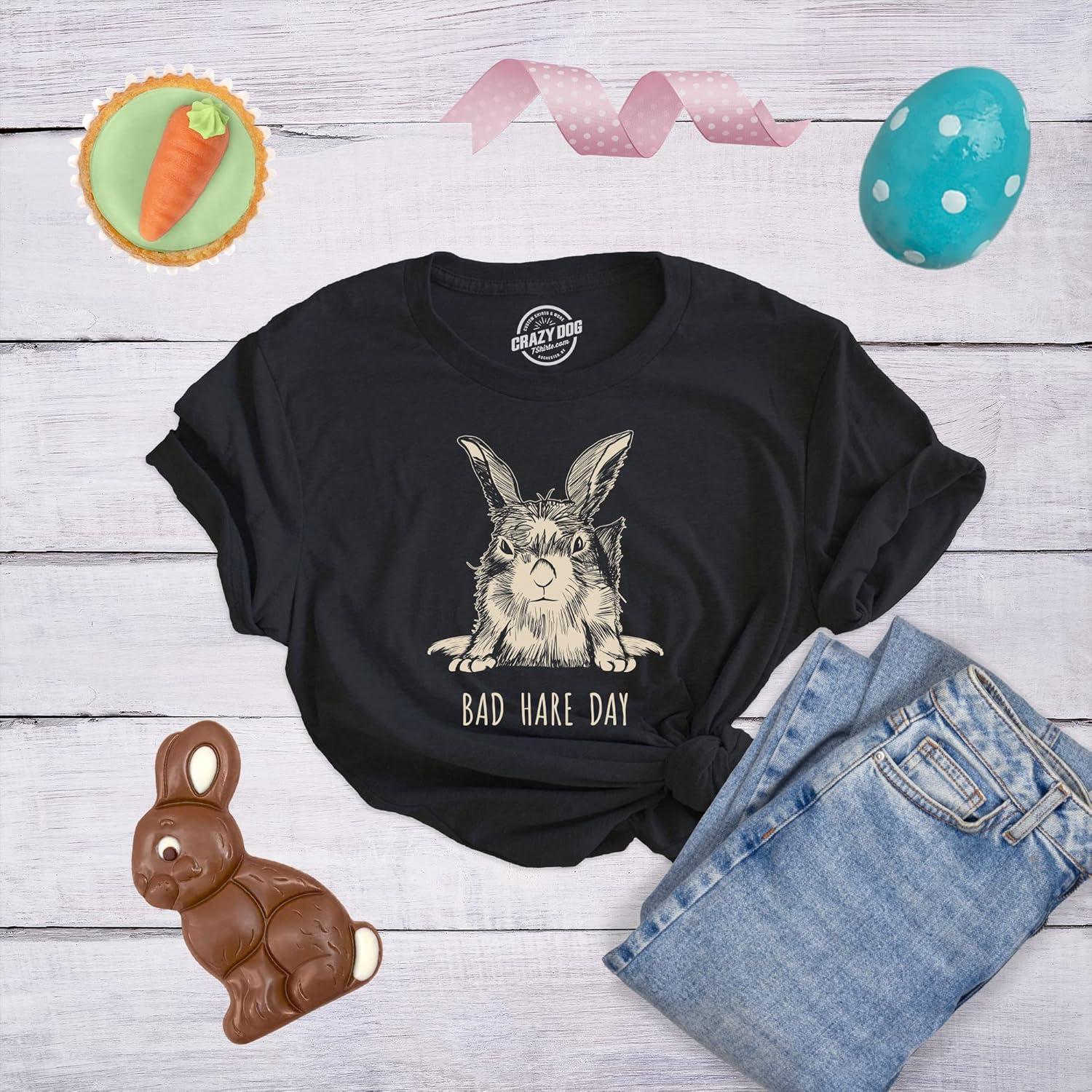 imageWomens Easter Bunny T Shirts Funny Easter Shirts for Women Cute Bunny TeesHeather Black Bad Hare Day