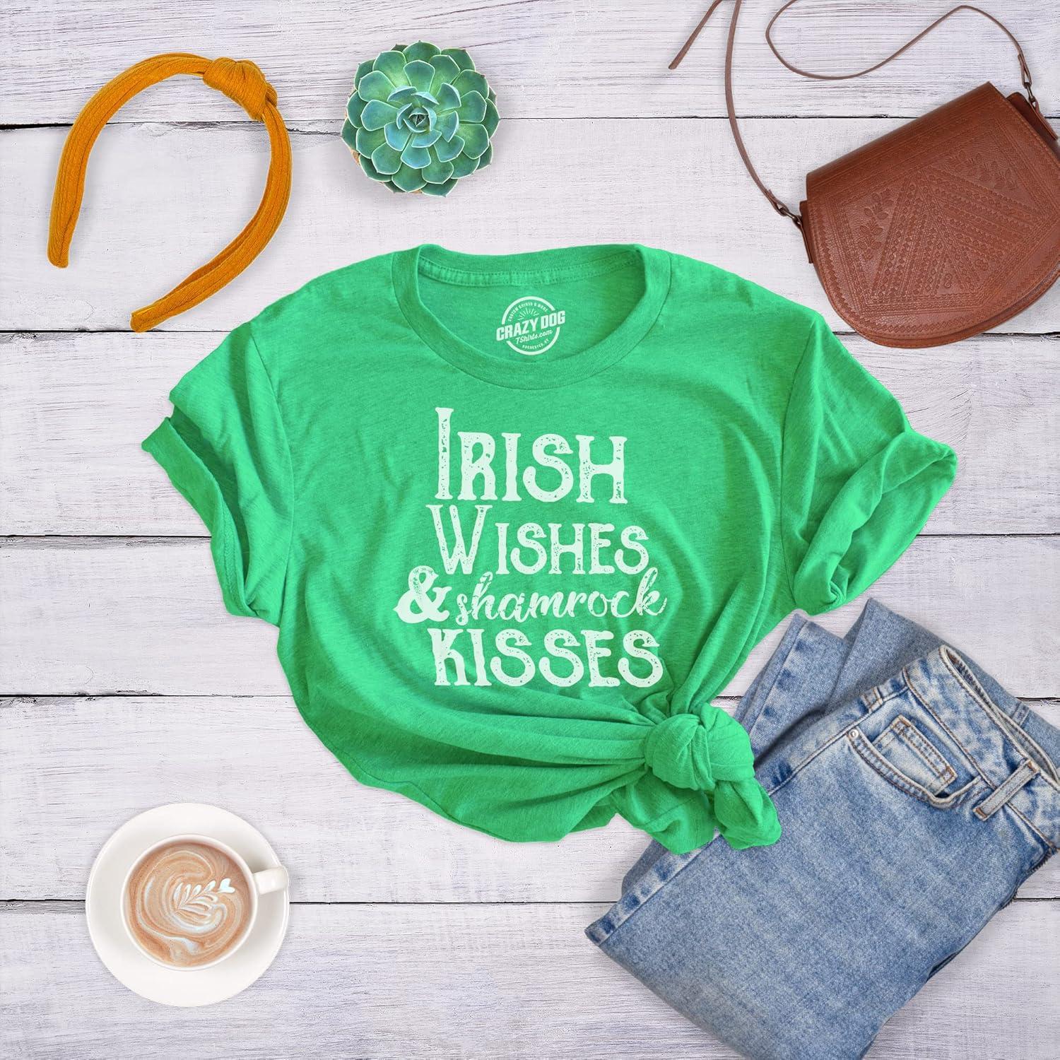 imageWomens Irish Wishes and Shamrock Kisses T Shirt Funny St Saint Patricks Day TeeHeather Green