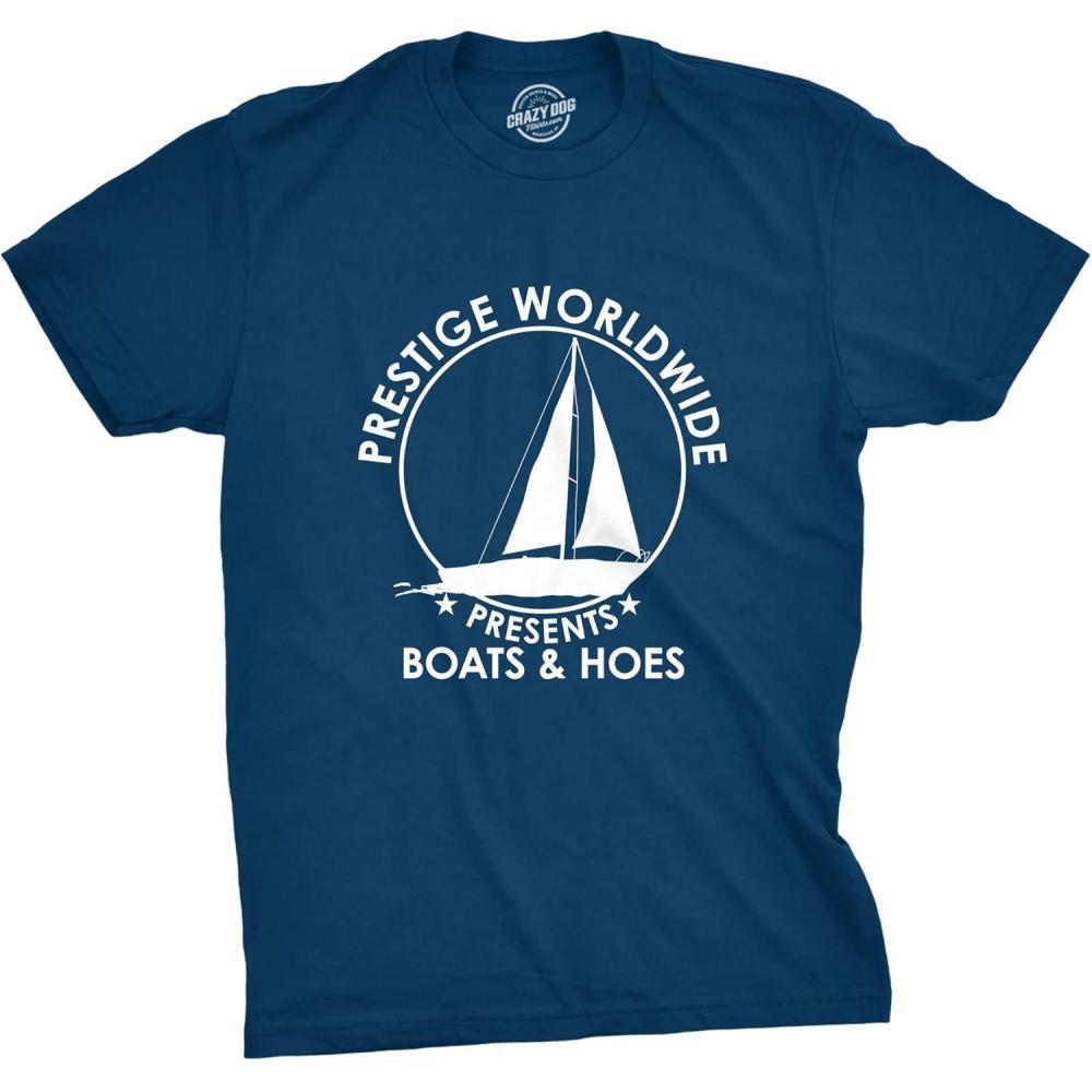 imageCrazy Dog Mens T Shirt Prestige Worldwide Boats and Hoes Funny Movie Quote TeeHeather Navy Prestige Worldwide