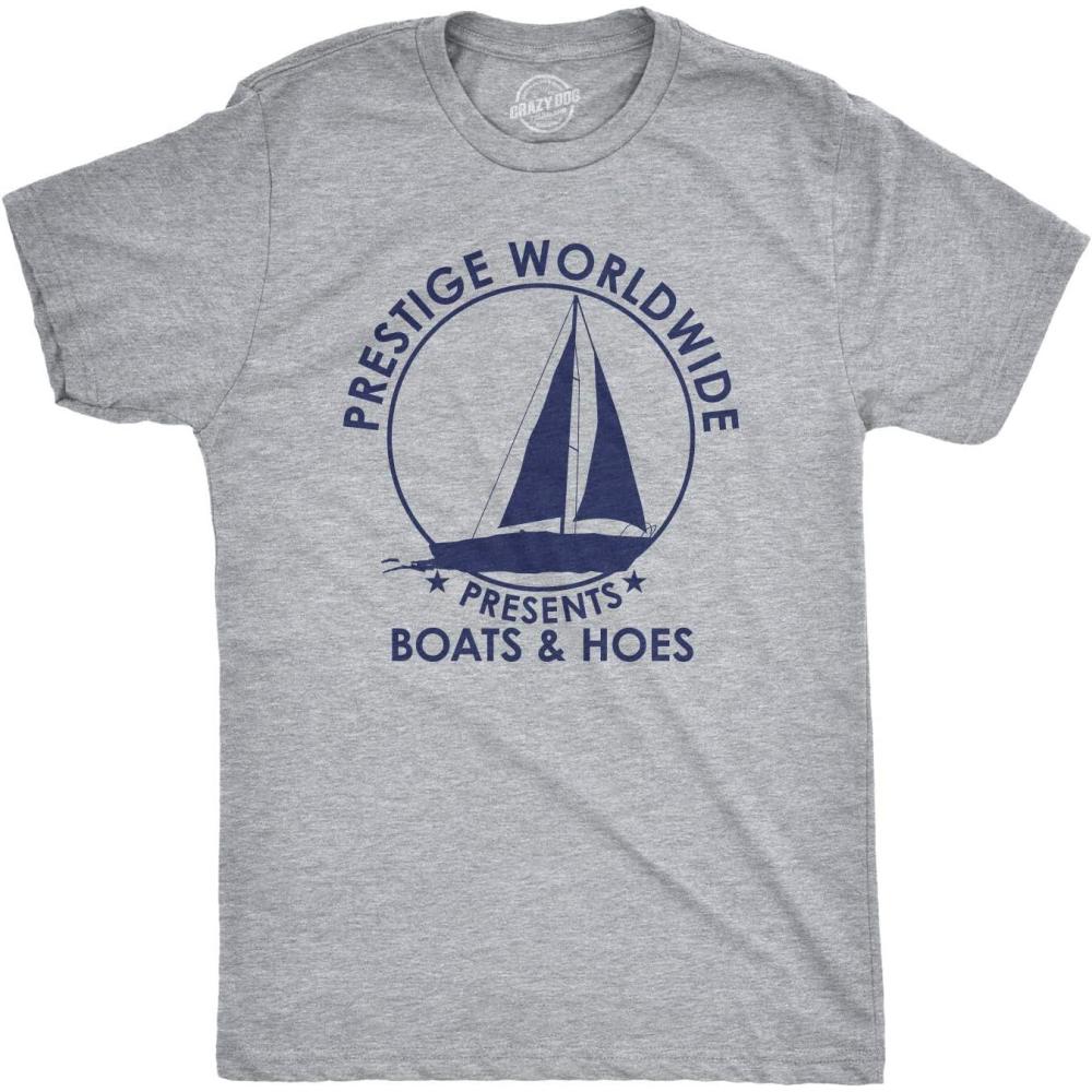 imageCrazy Dog Mens T Shirt Prestige Worldwide Boats and Hoes Funny Movie Quote TeeLight Heather Grey  Prestige Worldwide