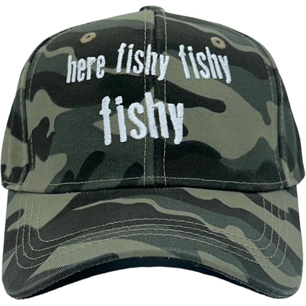 imageCrazy Dog TShirts Funny Fishing Hats Hilarious Fish Graphic CapsCamo Here Fishy Fishy