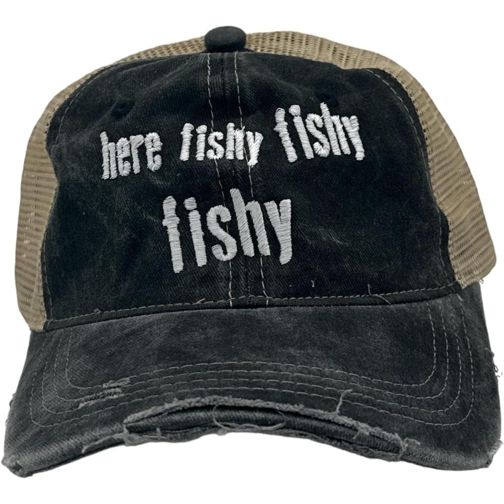 imageCrazy Dog TShirts Funny Fishing Hats Hilarious Fish Graphic CapsTrucker Black Here Fishy Fishy
