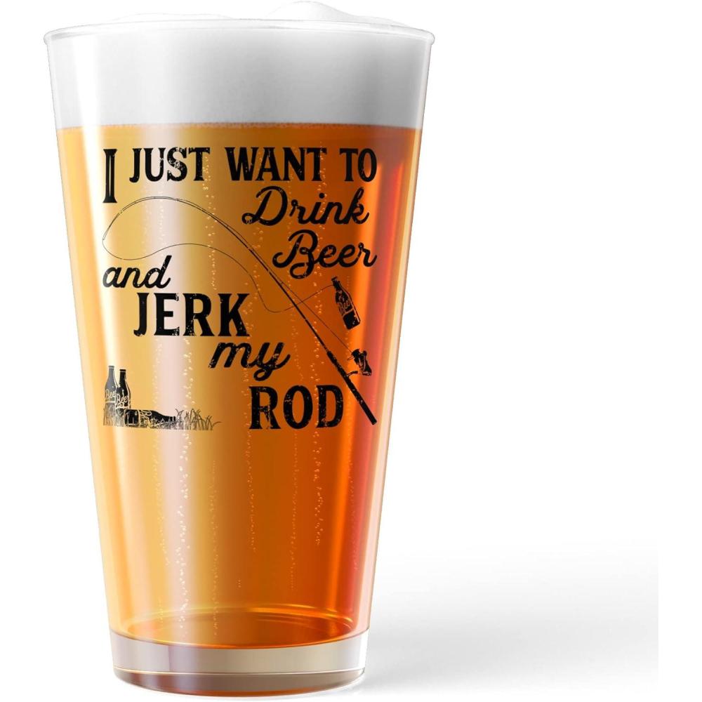 imageI Just Want to Drink Beer and Jerk My Rod Pint Glass Funny Fishing Joke Novelty Cup16 oz Funny Drinking Glasses Sarcastic Cool Fishing Novelty Drinking White Standard