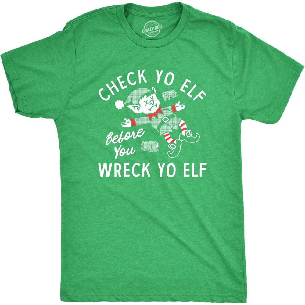imageMens Check Yo Elf Before You Wreck Yo Elf T Shirt Funny Drinking Xmas Elves Joke Tee for GuysHeather Green Check