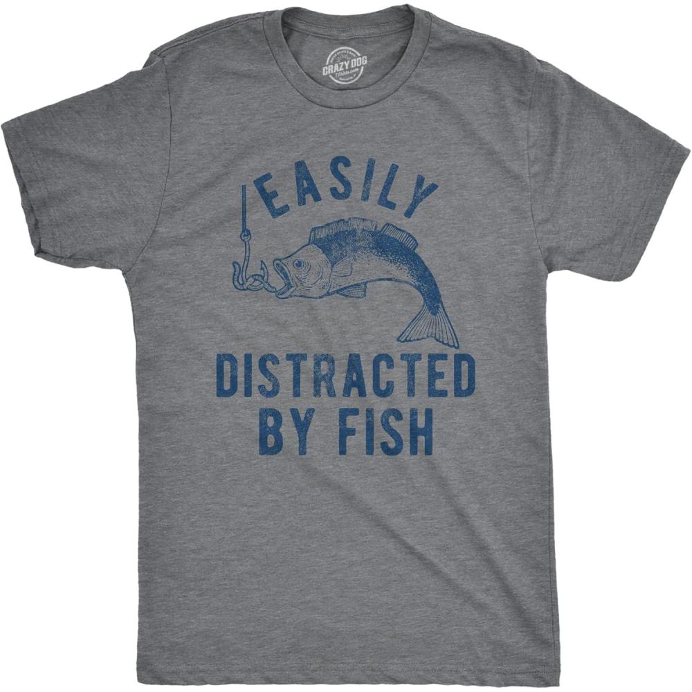 imageMens Easily Distracted by Fish T Shirt Funny Fishermen Graphic Novelty Tee for GuysDark Heather Grey