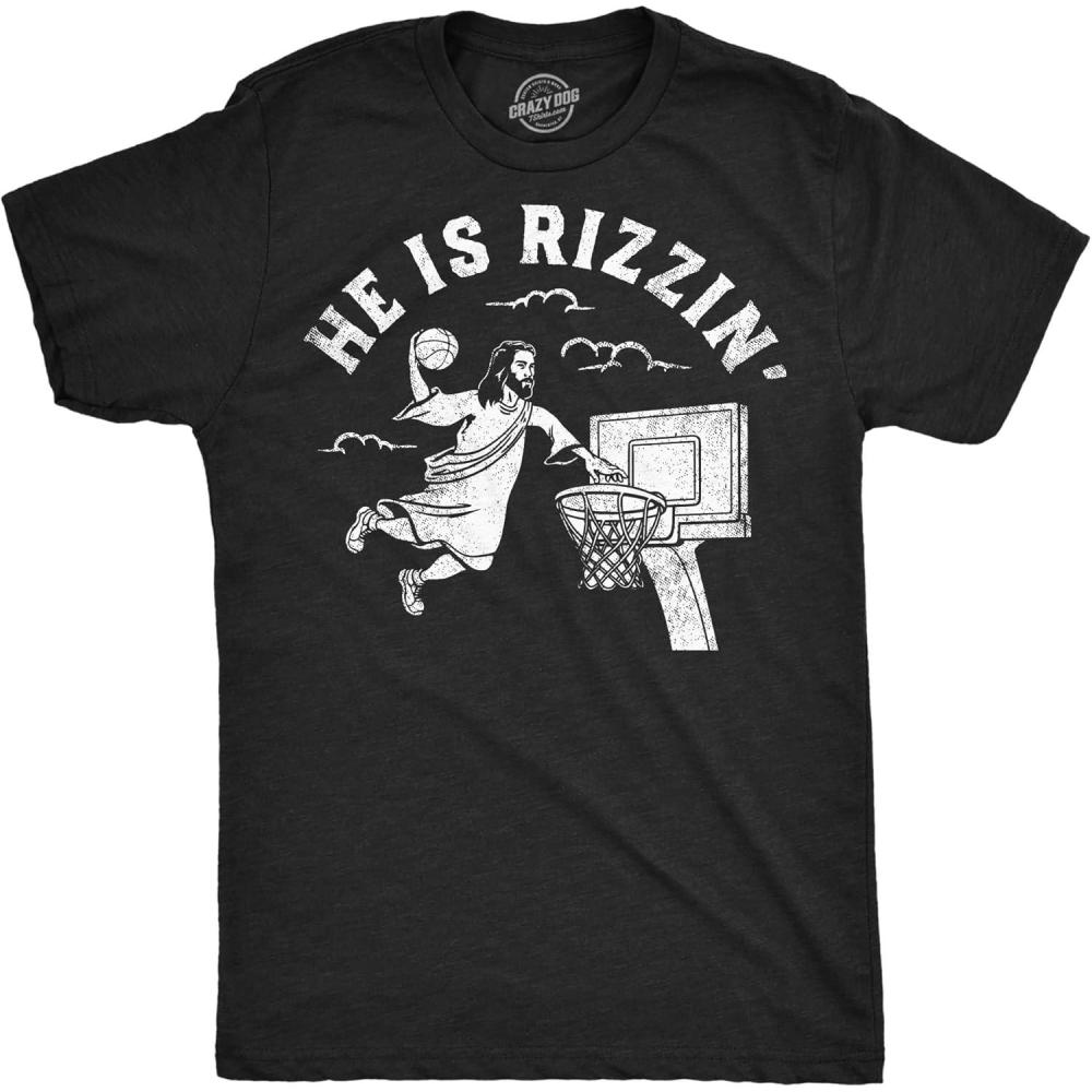 imageMens Funny Jesus T Shirts Religious Tees with Funny Sayings Easter Tees for GuysHeather Black He is Rizzin