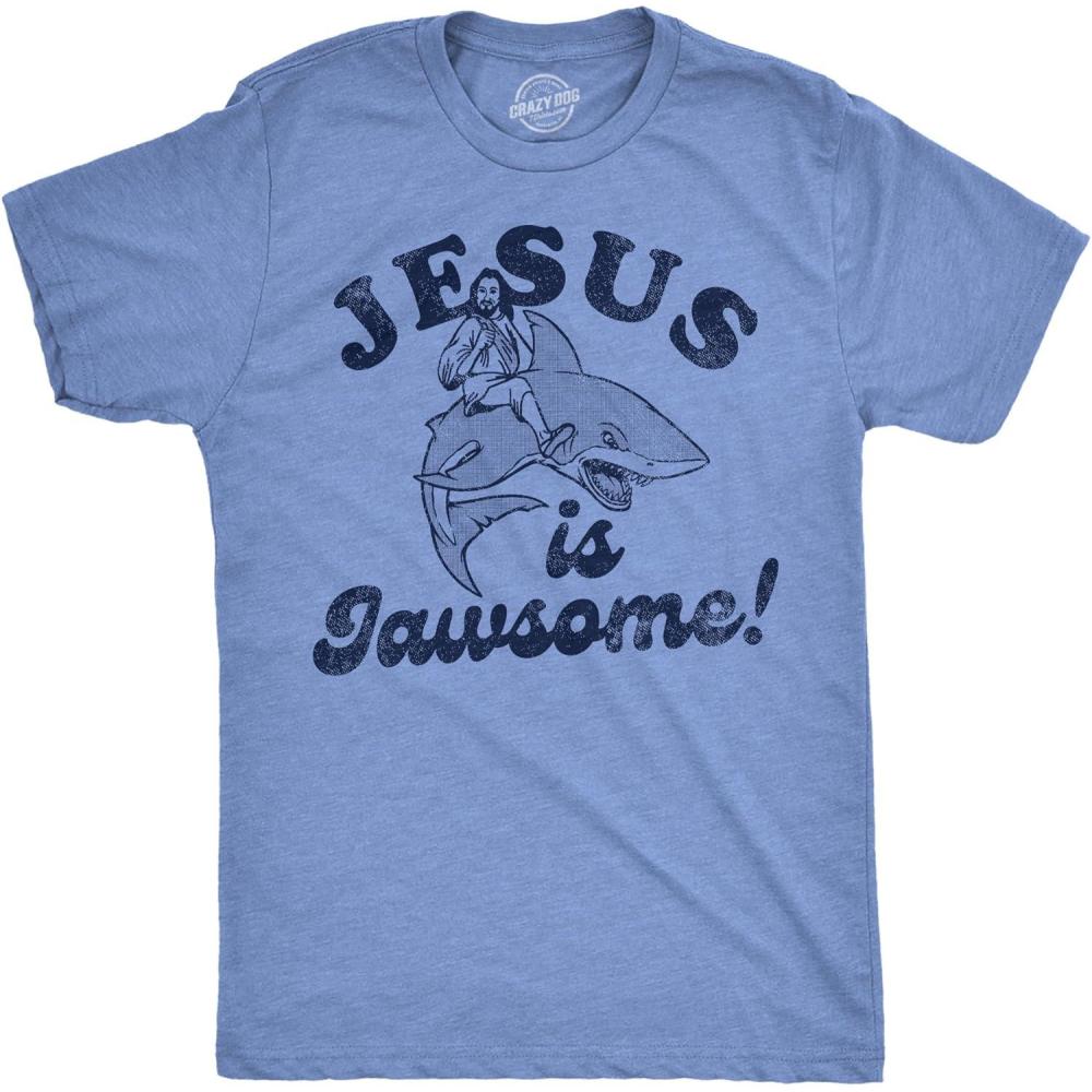 imageMens Funny Jesus T Shirts Religious Tees with Funny Sayings Easter Tees for GuysLight Heather Blue Jesus is Jawsome