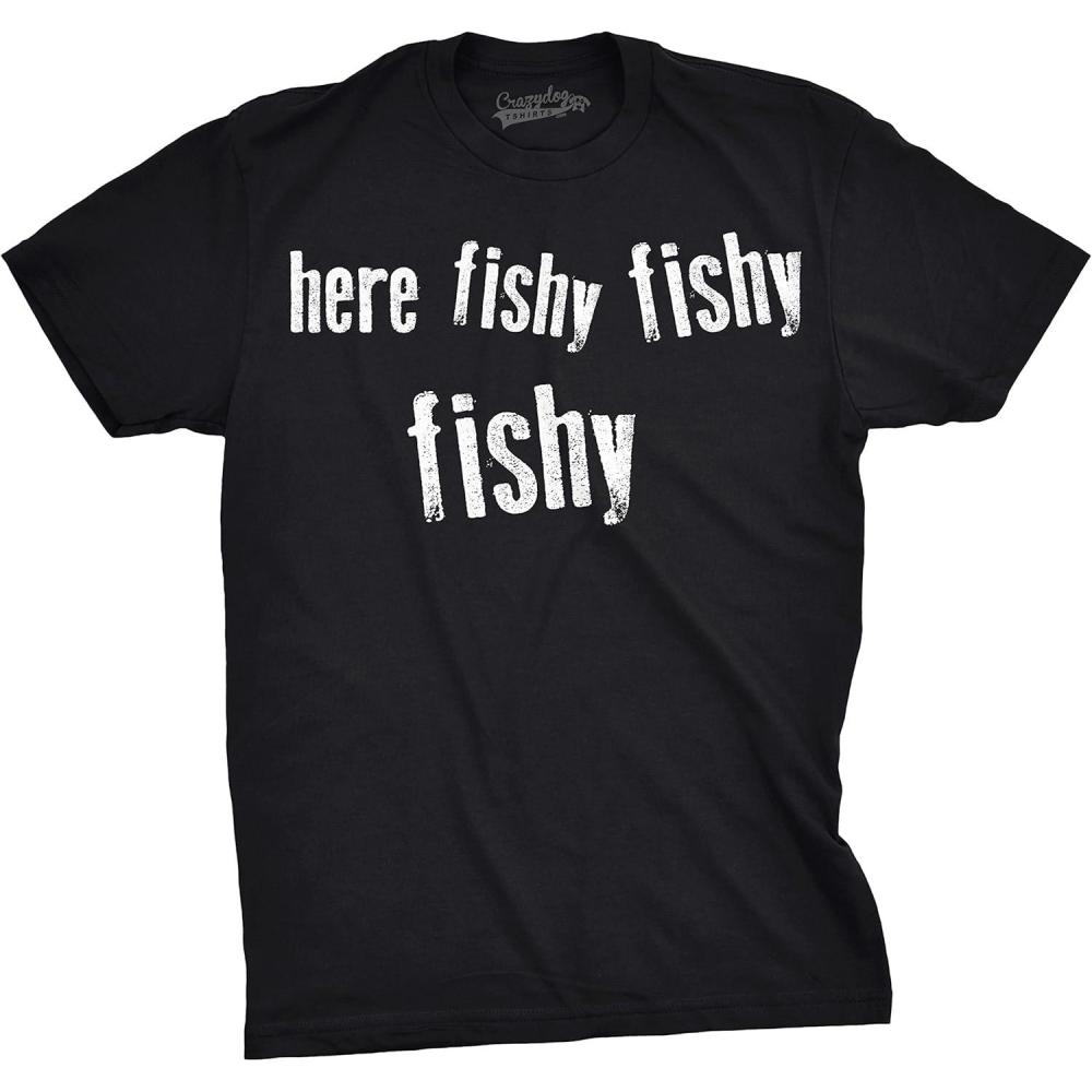 imageMens Here Fishy Fishy Fishy Funny Fishing Hunting Sarcastic Graphic T ShirtBlack