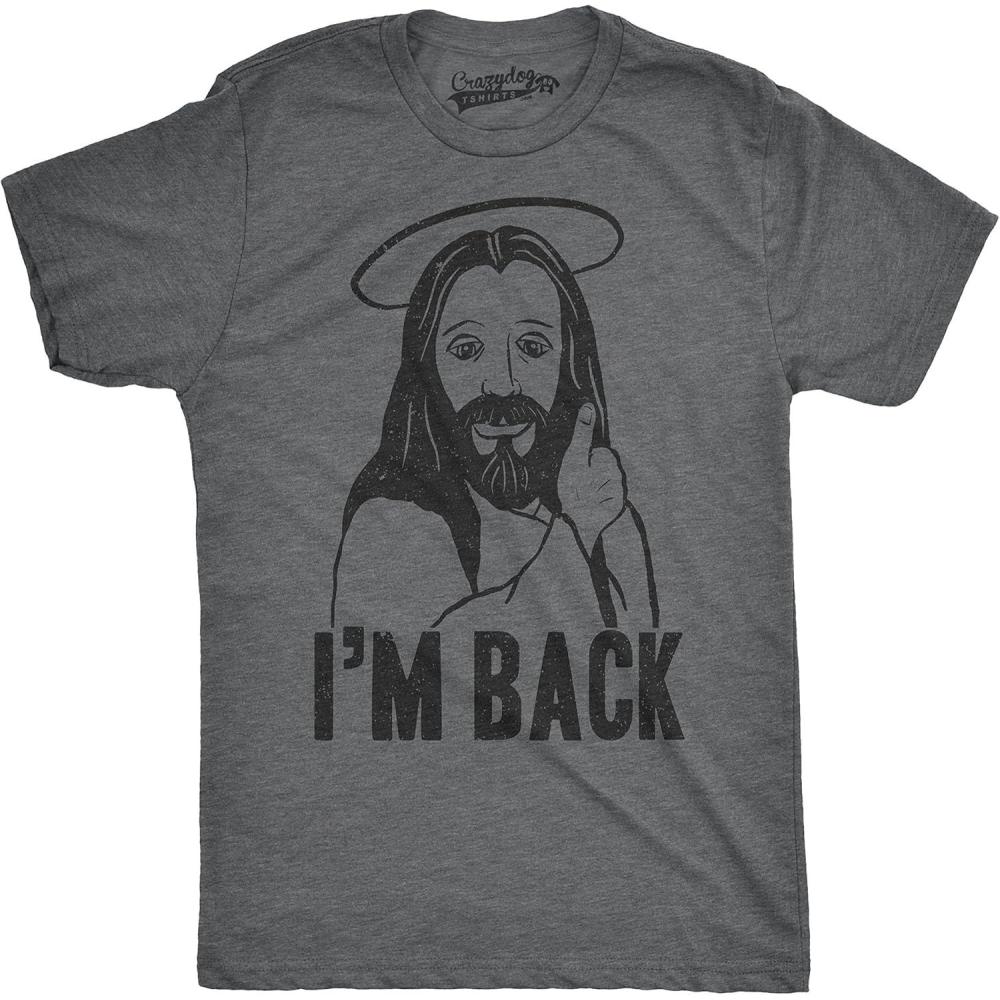 imageMens Im Back Funny Jesus Easter Christian Hilarious Reference for Adult T ShirtDark Heather Grey