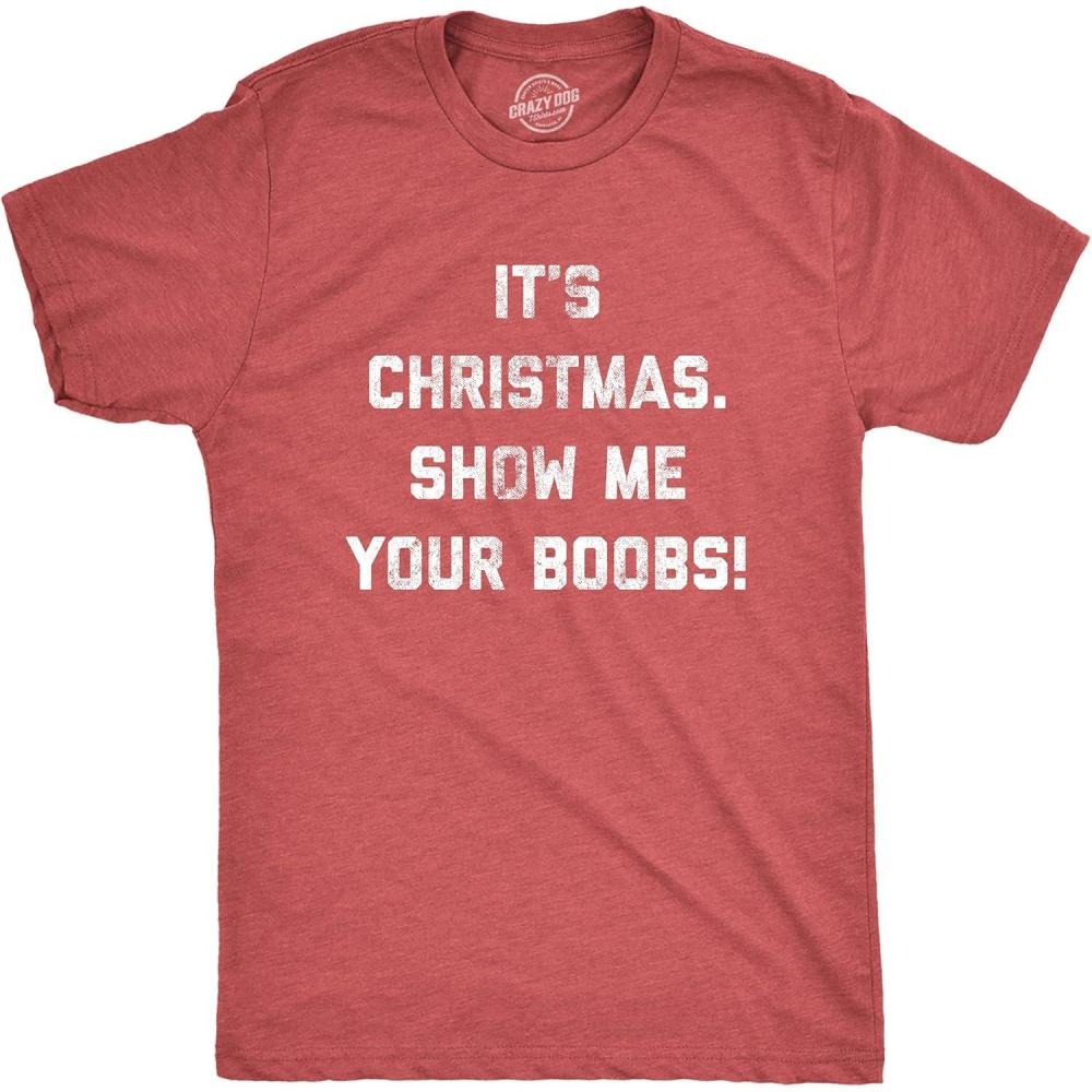 imageMens Its Christmas Show Me Your Boobs T Shirt Funny Xmas Holiday Tits Graphic TeeHeather Red
