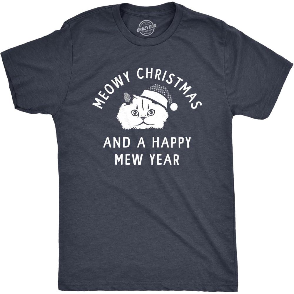imageMens Meowy Christmas and A Happy Mew Year T Shirt Funny Xmas Kitten Lovers Tee for GuysHeather Navy Meowy