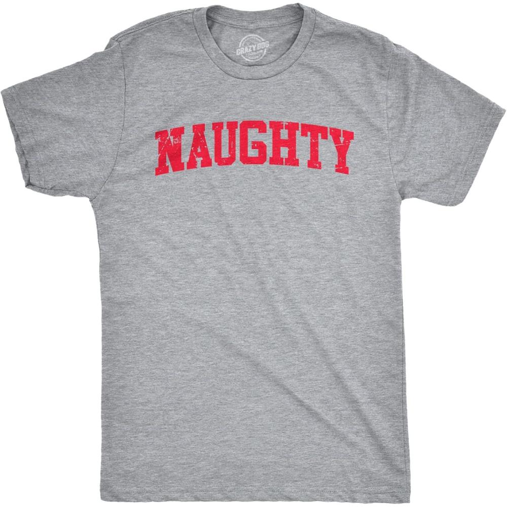 imageMens Naughty T Shirt Funny Mischievous Xmas Spirit Lovers Tee for GuysLight Heather Grey Naughty