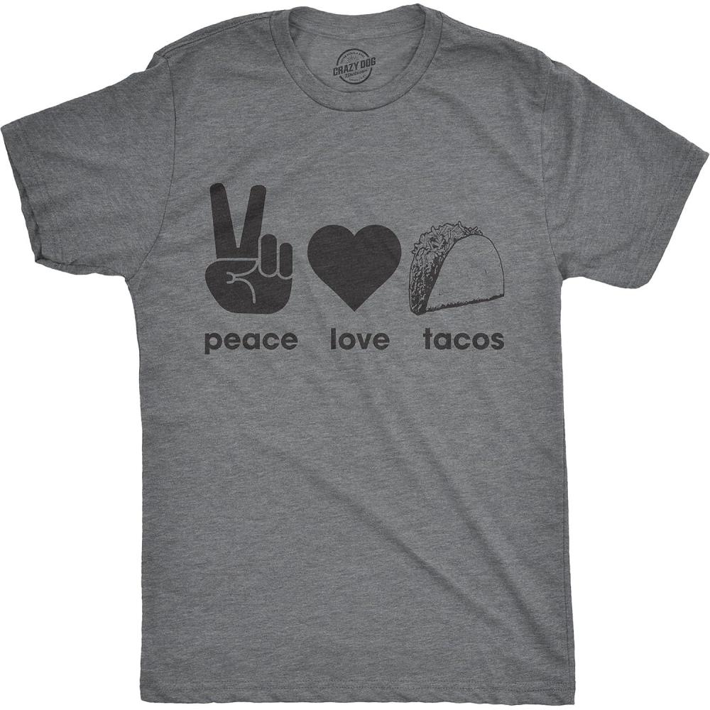 imageMens Peace Love Tacos T Shirt Funny Graphic Tee Sarcastic Top for Guys CrazyLight Heather Grey