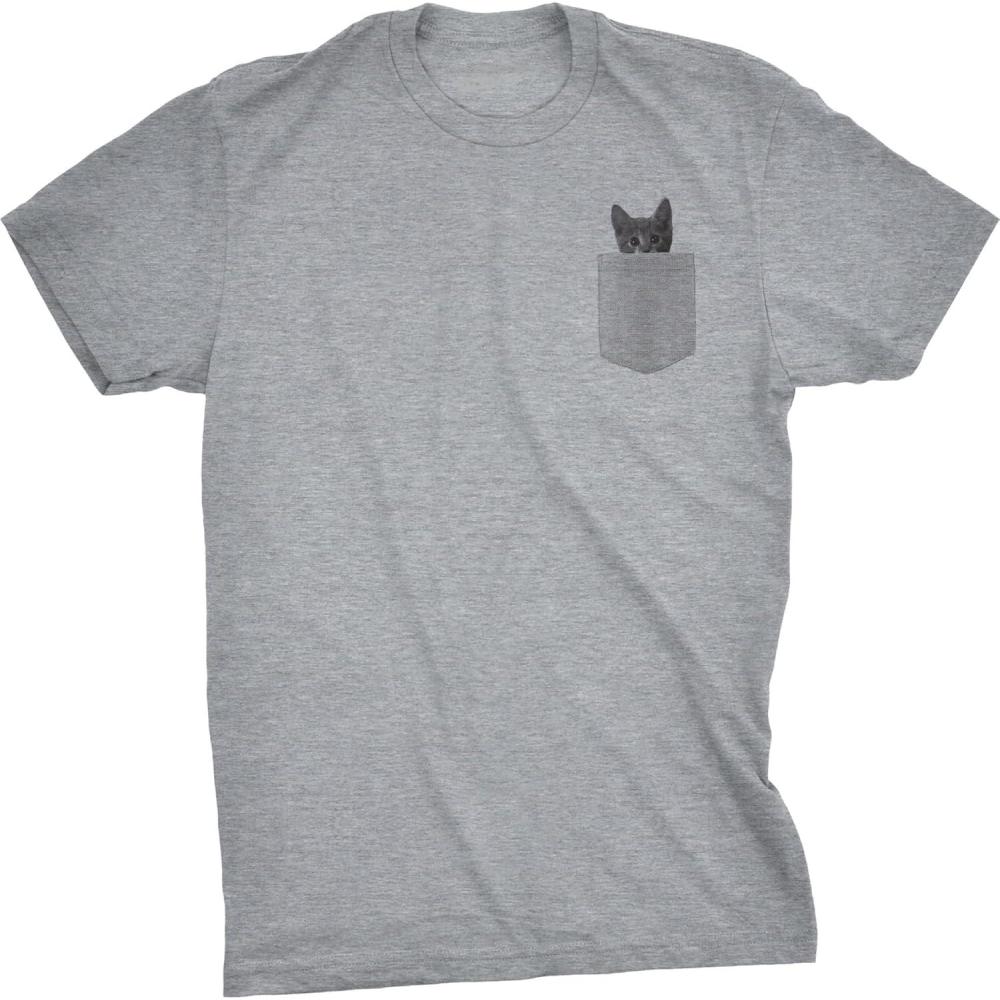 imageMens Pocket Cat T Shirt Funny Printed Peeking Pet Kitten Animal Tee for GuysLight Heather Grey