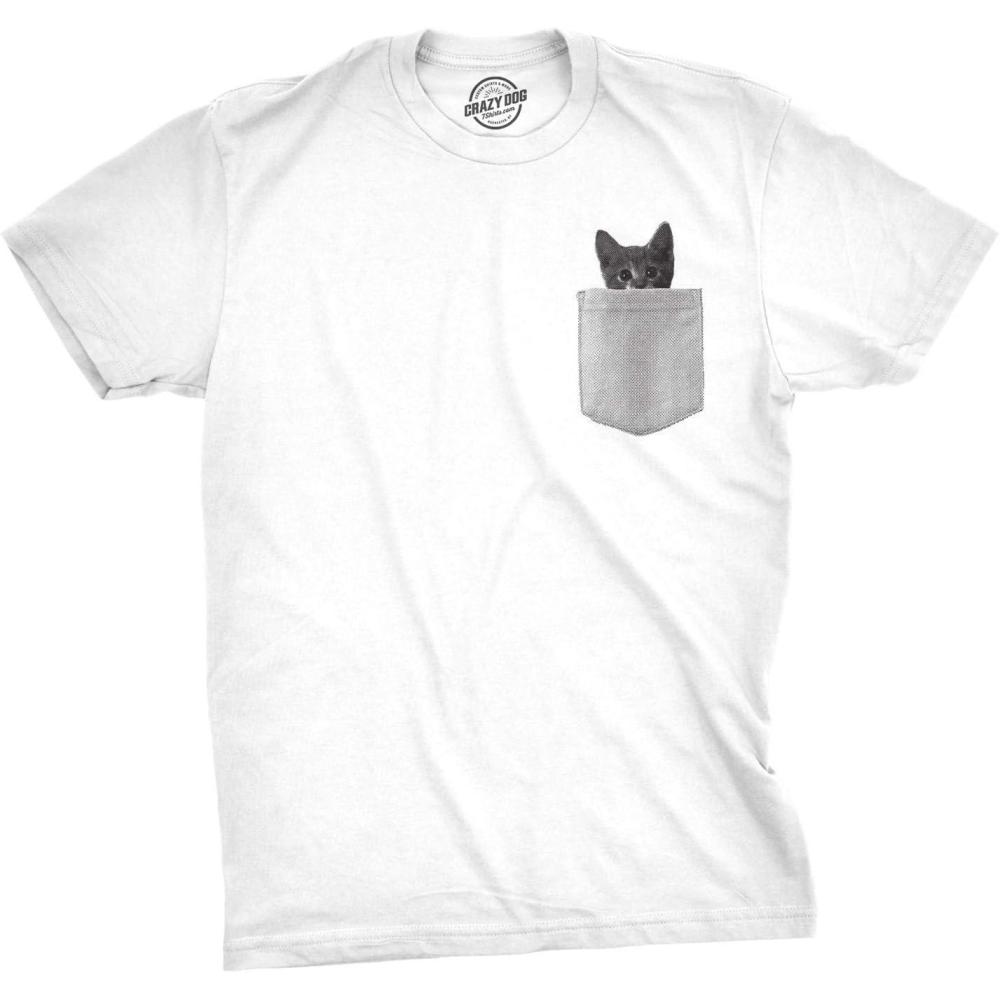 imageMens Pocket Cat T Shirt Funny Printed Peeking Pet Kitten Animal Tee for GuysWhite