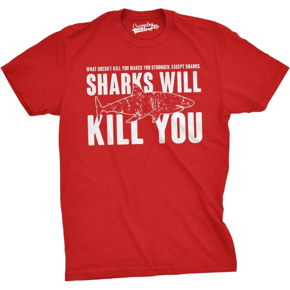 imageMens Sharks Will Kill You Funny T Shirt Sarcasm Novelty Offensive Tee for GuysHeather Red