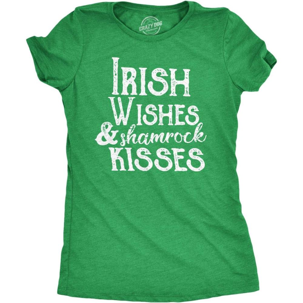 imageWomens Irish Wishes and Shamrock Kisses T Shirt Funny St Saint Patricks Day TeeHeather Green