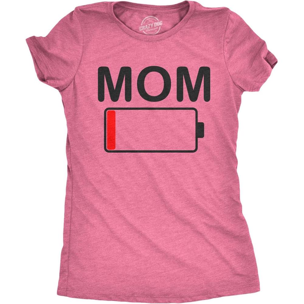 imageWomens Mom Battery Low Funny Sarcastic Graphic Tired Parenting Mother T ShirtHeather Pink