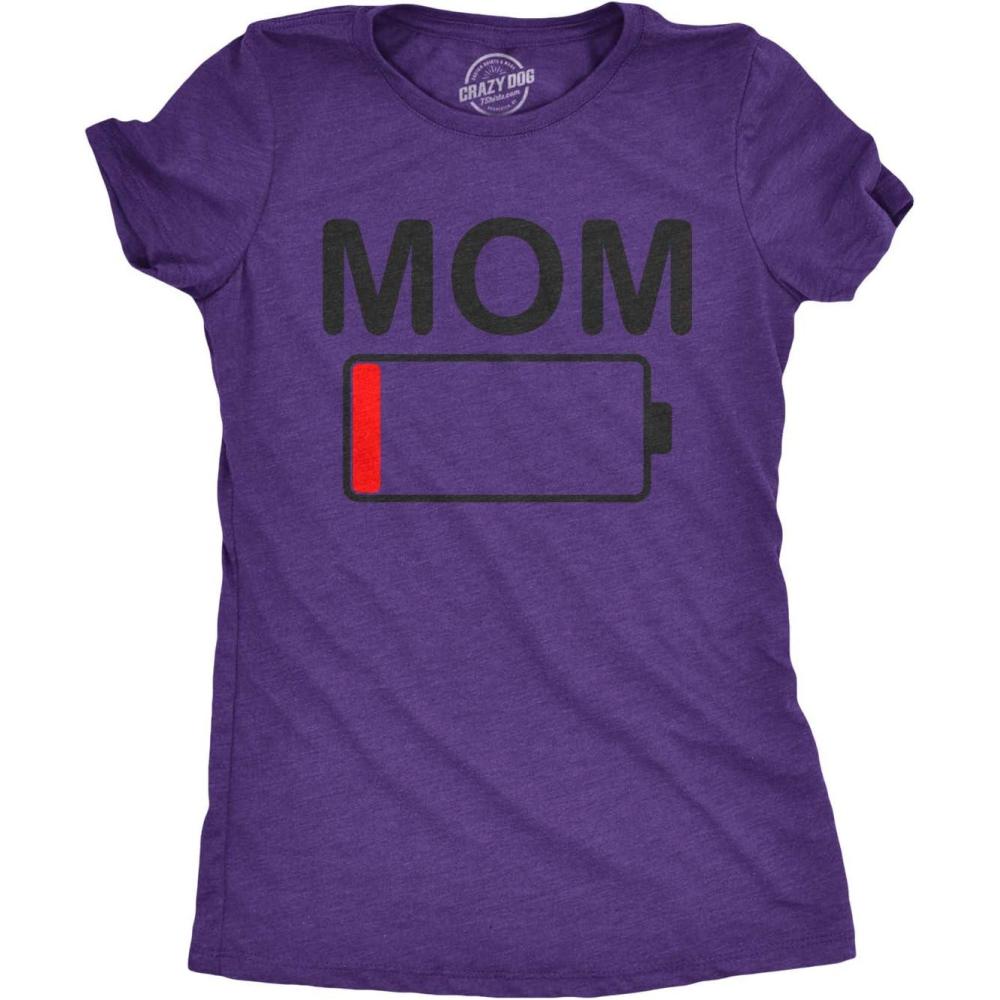imageWomens Mom Battery Low Funny Sarcastic Graphic Tired Parenting Mother T ShirtHeather Purple
