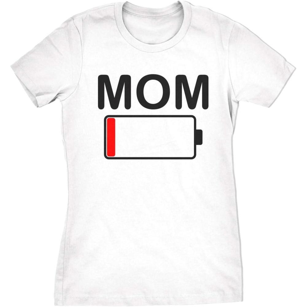 imageWomens Mom Battery Low Funny Sarcastic Graphic Tired Parenting Mother T ShirtWhite