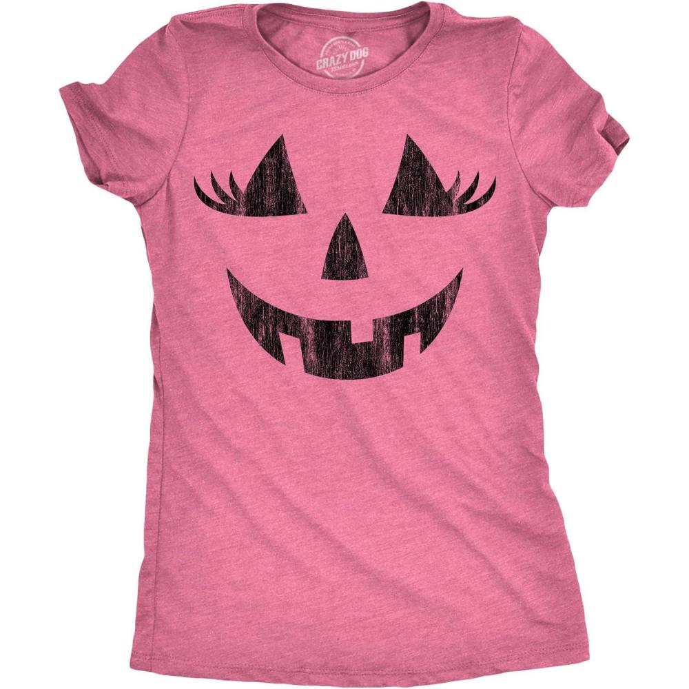 imageWomens Spooky and Funny Pumpkin Face Tees Halloween Jack O Lantern Tees for WomensHeather Pink Wendy