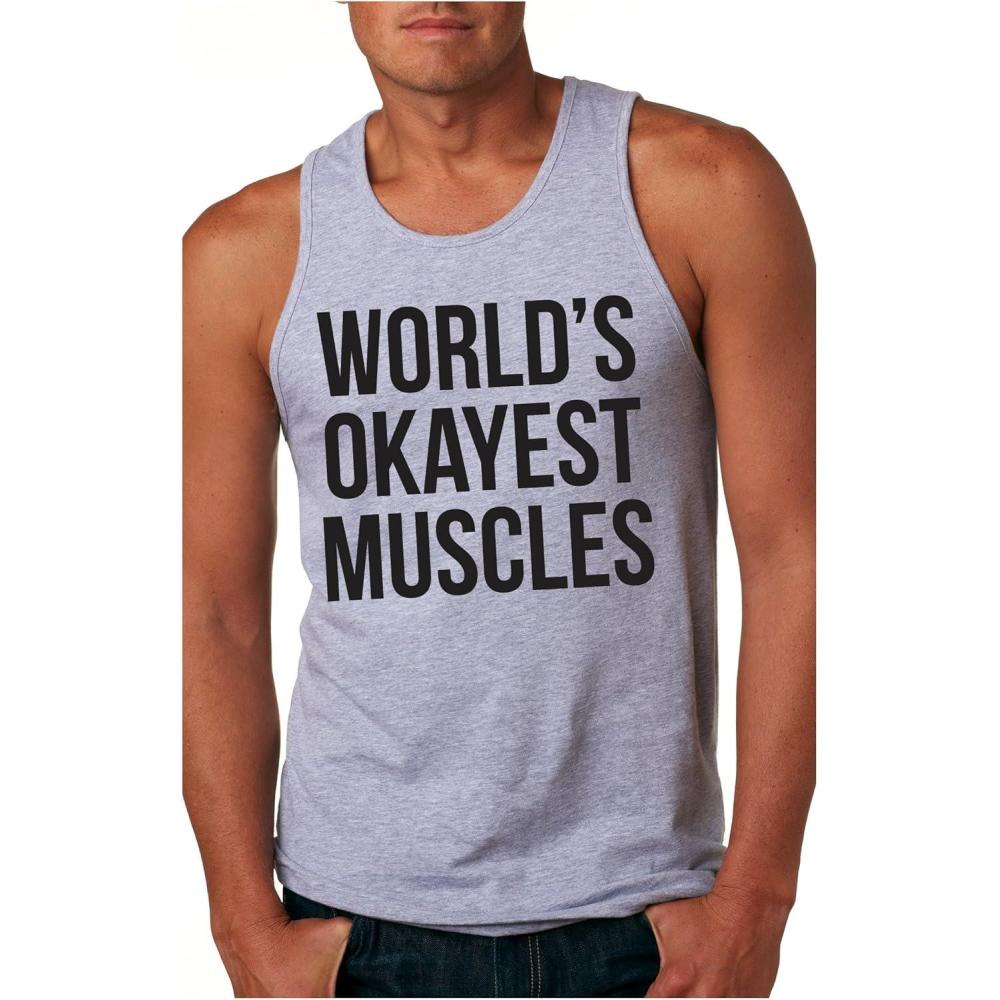 imageWorlds Okayest Muscles Tank Top Funny Flexing Gym Fitness Humor Workout TeeLight Heather Grey