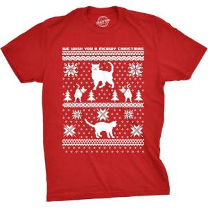8 Bit Cat Butt Meowy Christmas T Shirt Funny Ugly Christmas Sweater Shirt Xmas Kitten Tee(Red)