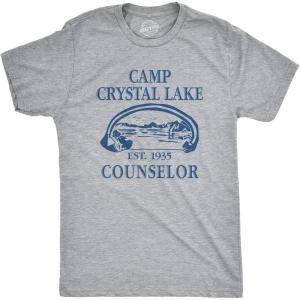 Crazy Dog Mens T Shirt Camp Crystal Lake 1980 Vintage Camping Movie Tee(Light Heather Grey)