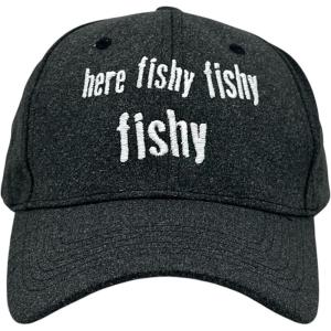 Crazy Dog T-Shirts Funny Fishing Hats Hilarious Fish Graphic Caps(Black – Here Fishy Fishy)