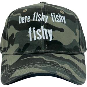 Crazy Dog T-Shirts Funny Fishing Hats Hilarious Fish Graphic Caps(Camo – Here Fishy Fishy)