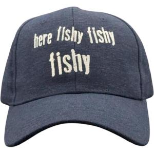 Crazy Dog T-Shirts Funny Fishing Hats Hilarious Fish Graphic Caps(Navy – Here Fishy Fishy)