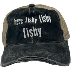 Crazy Dog T-Shirts Funny Fishing Hats Hilarious Fish Graphic Caps(Trucker Black – Here Fishy Fishy)