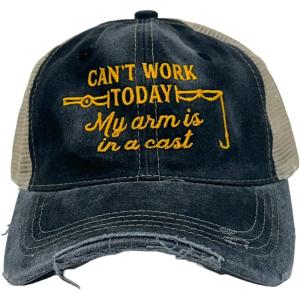 Crazy Dog T-Shirts Funny Fishing Hats Hilarious Fish Graphic Caps(Trucker Black – My Arm is in a Cast)