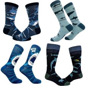 Crazy Dog T-Shirts Men’s Shark Socks Funny Sarcastic Shark Week Graphic Footwear for Men(Shark 4 Pack)