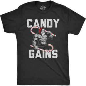 Mens Candy Gains T Shirt Funny Xmas Buff Ripped Santa Claus Workout Joke Tee for Guys(Heather Black – Gains)